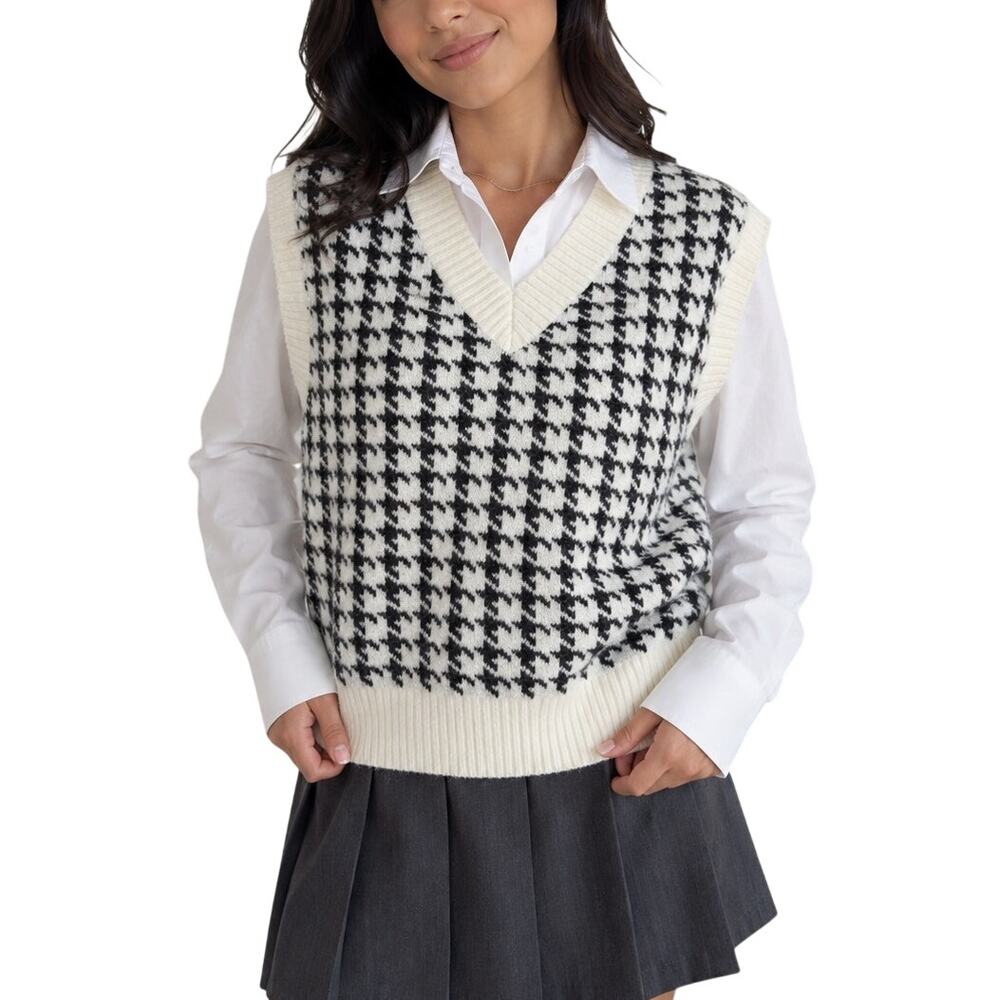Pink Lily Black White Houndstooth Sweater Vest Preppy Academia Small - Picture 1 of 10